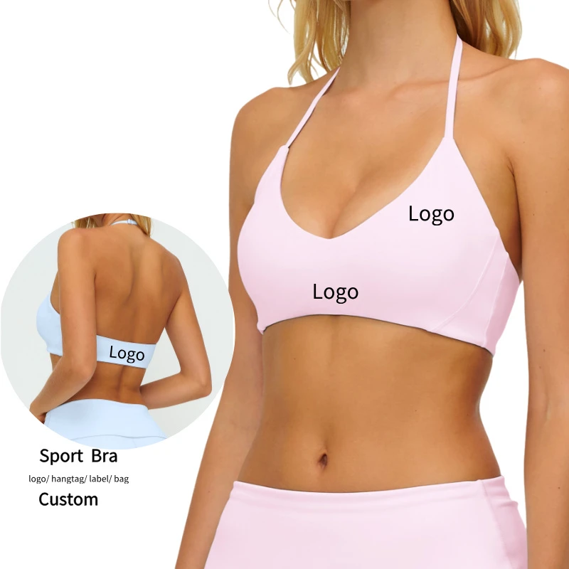 Low MOQ Lightweight High Support Simple Fitness Bra Adjustable Shoulder Strap Halter Open Back Sports Bra for Women Padded