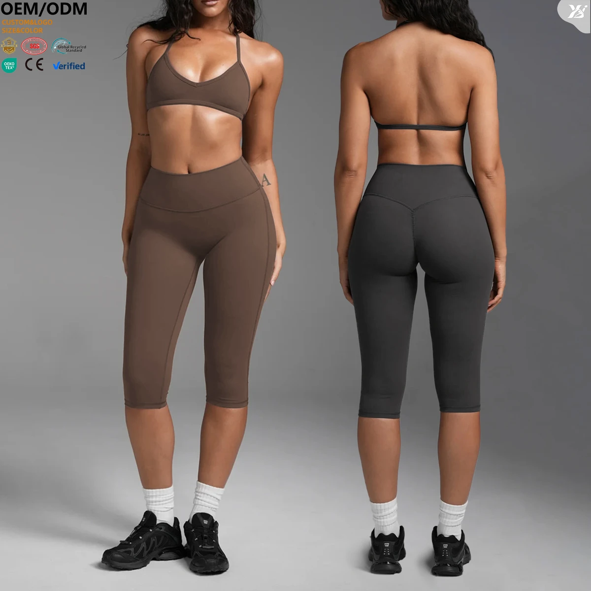 XW-YY244-4 Capri Pants Suit Backless Halter Sports Bra Breathable Quick Dry Active Wear Solid Gym Fitness Women Yoga Set