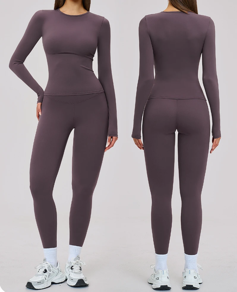 Running Tracksuit Solid Breathable Wrinkle-Resistant Long Sleeve Gym Fitness Workout Top High Waist Yoga Leggings Two-Piece Set