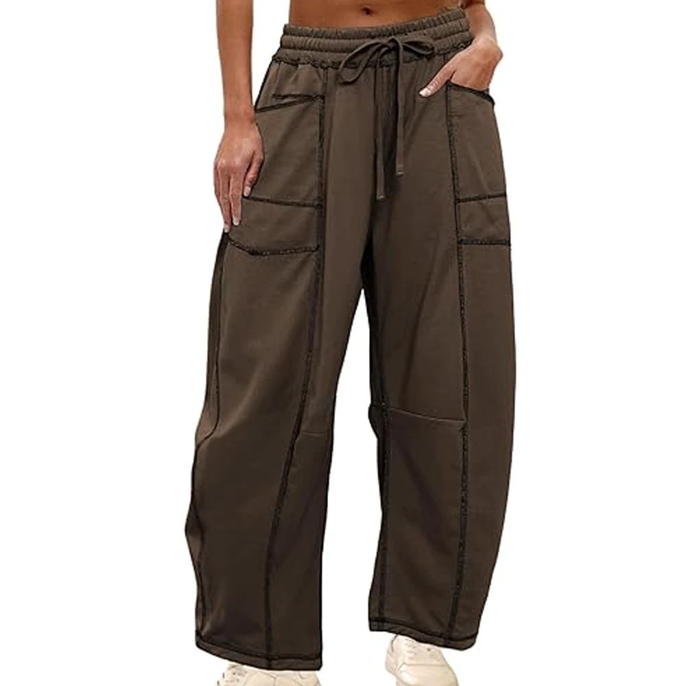 Women TikTok Trending Spring Solid 100% Cotton Fleece Baggy Cargo Sweatpants Wide Leg High Waist Drawstring Casual Streetwear