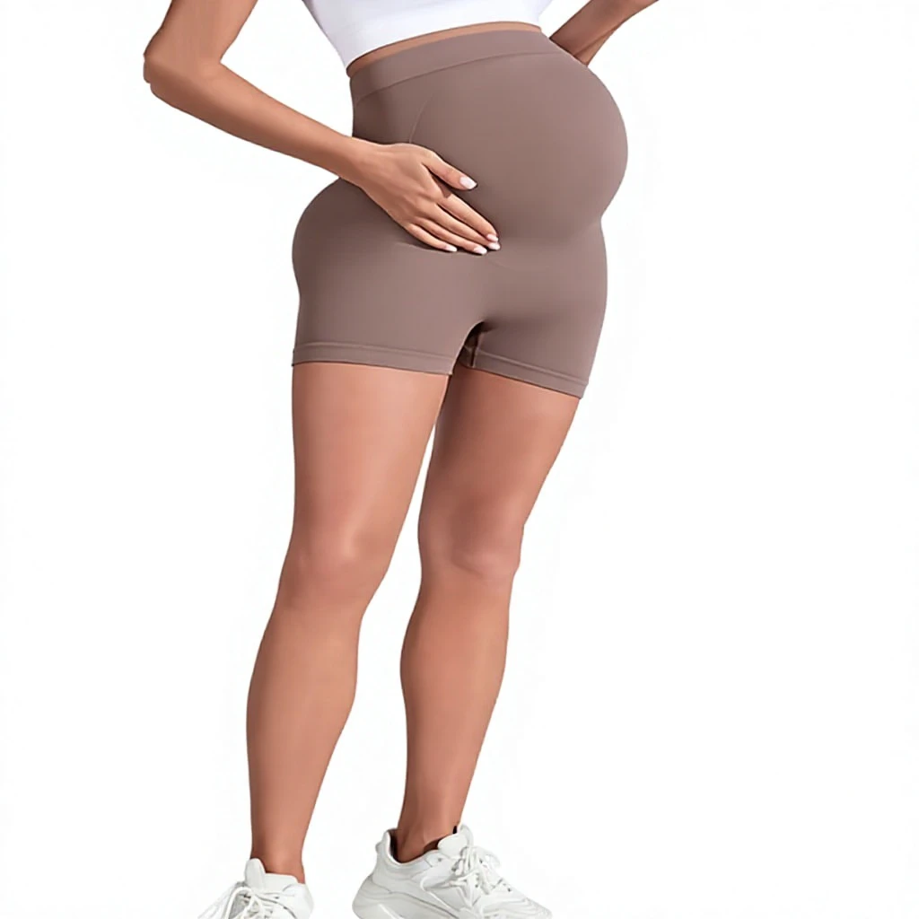 Summer Premium Quality High Stretch Maternity Yoga Pants Spandex Nylon Breathable High Waist Belly Support Sports Shorts Solid