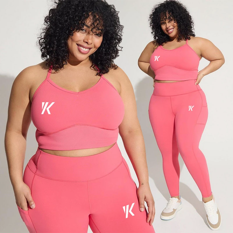 Pink Plus Size Adjustable Sports Bra Workout Outfit Female Active Wear Custom Side Pocket Yoga Leggings Women Gym Fitness Set
