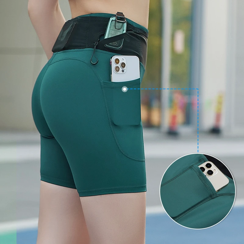 Women's High Waist Hip Lifting Elastic Yoga Shorts Summer Sports Compression Tight Pants Mobile Phone Pocket Fitness Leggings