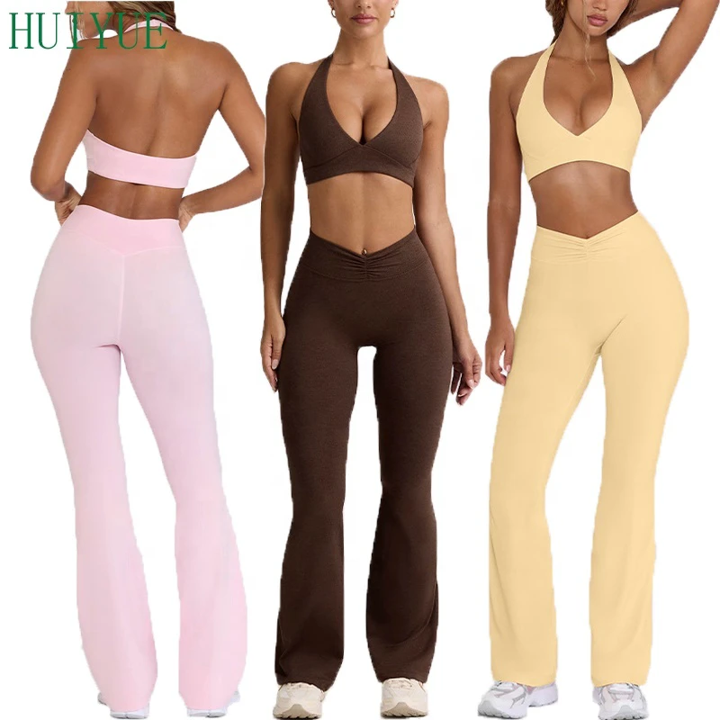 Wholesale New Women's 2 Pieces Yoga Gym Sets Fitness Clothing Activewear Sets Solid Color Fitness Running Set