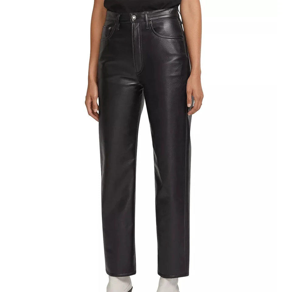 Hot Sale High Quality Genuine PU Leather Women Mid Waist Elastic Custom Logo Flat Front Breathable Winter Adult Pencil Pants