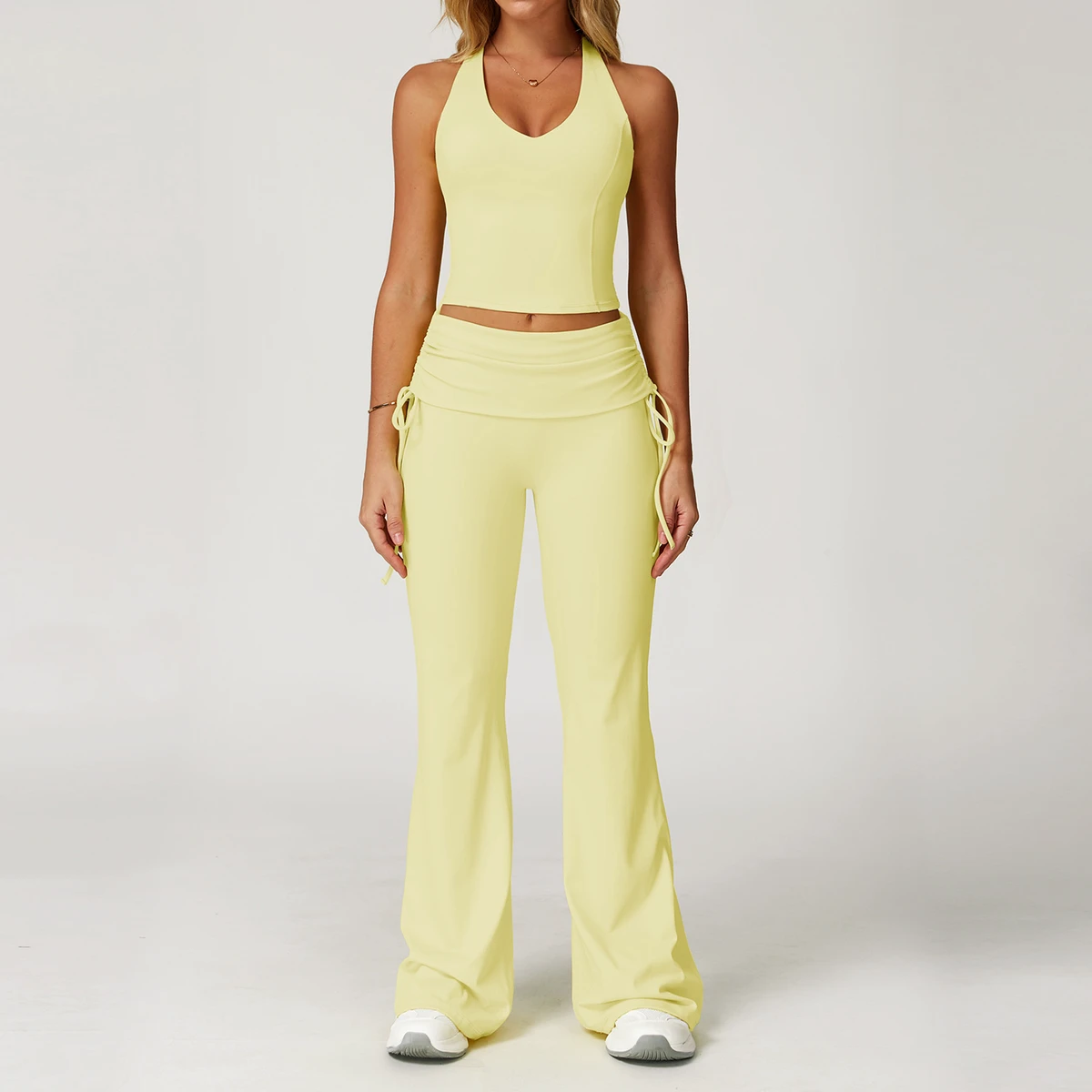 New Racerback Sports Bra Fitness Crop Top Fold-over Drawstring Pants High Waist Flared Leggings 2 Piece Yoga Set