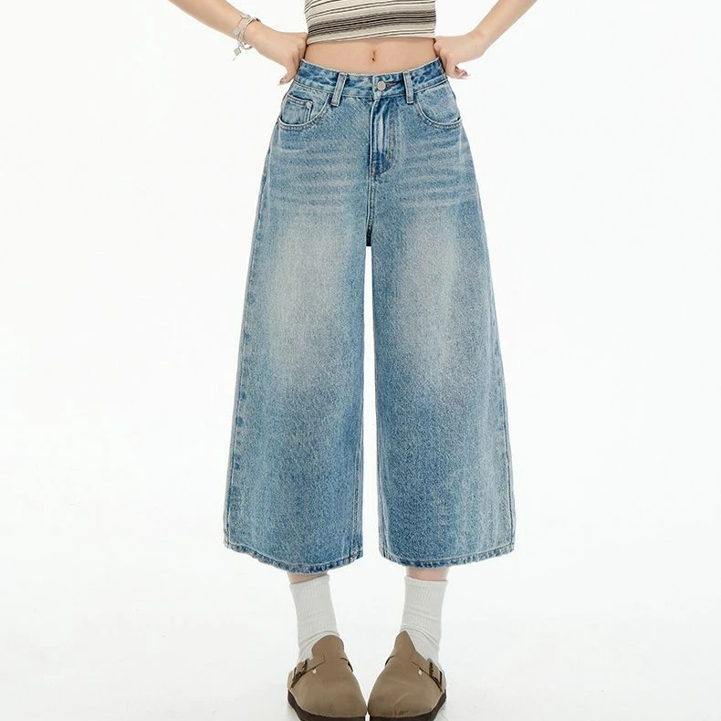Summer New Style Eco-friendly Simple 100% Cotton Denim Straight-leg Women Eight-inch Pants Jean Light Blue Mid-rise Denim Pants