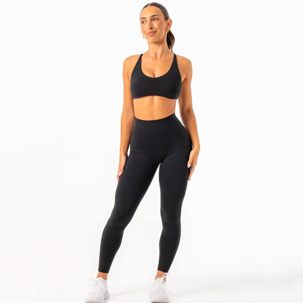 Hot Sale 2 Piece Set Women Cross Strappy Back Training Gym Wear High Waist Halter Sports Black Bra & Leggings Workout Yoga Set