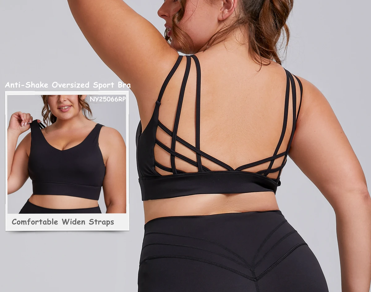 Light Customization NY25066RP Deep V-Neck Hollow Back Plus Medium Support Four-Way Stretch Sport Bra Removable Pads Front for