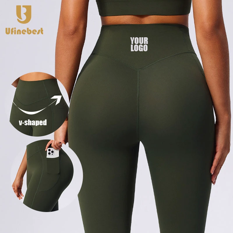 68 Nylon 32 Spandex Women's High Waist v Shaped Sports Elastic Waist Pocket Yoga Pants Solid Tight Stretch Fitness Leggings