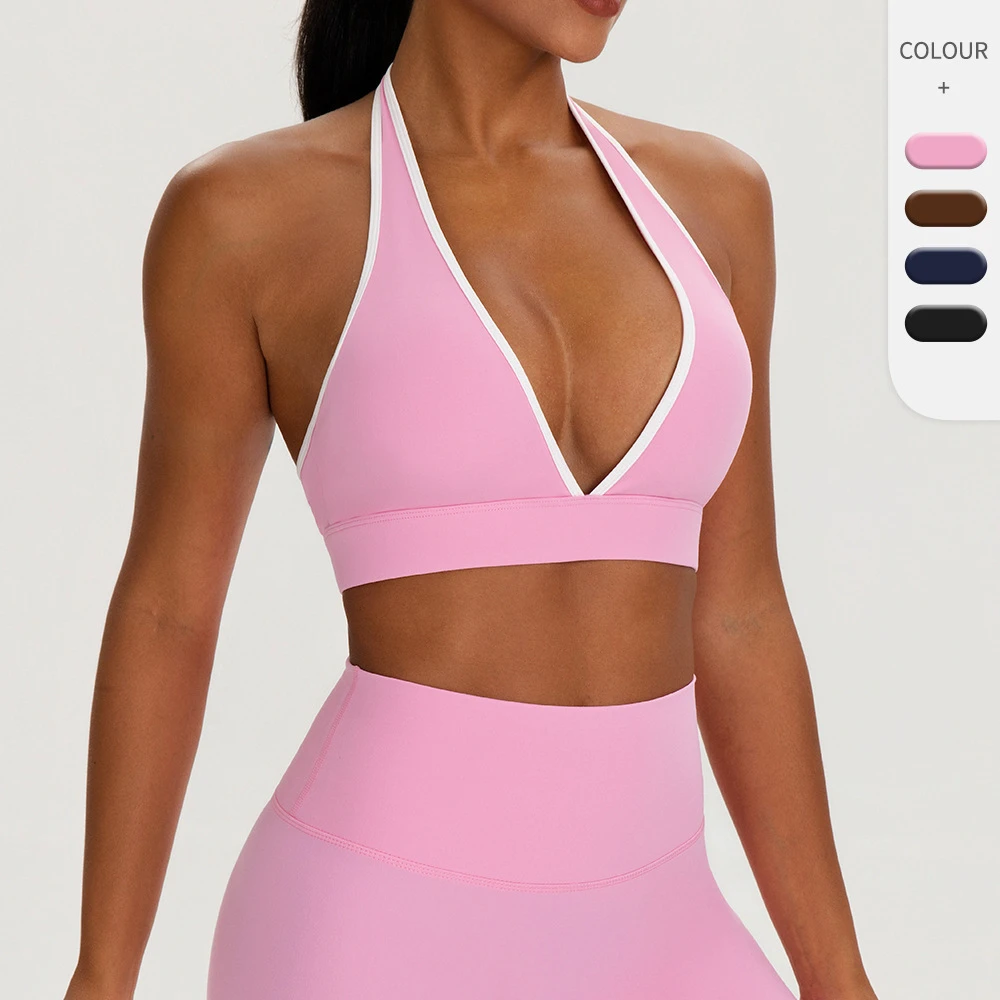 European American Style Contrasting Color Sexy V-Neck Halter High Support 100% Nylon Quick-Dry Yoga Sports Bra for Women Fitness
