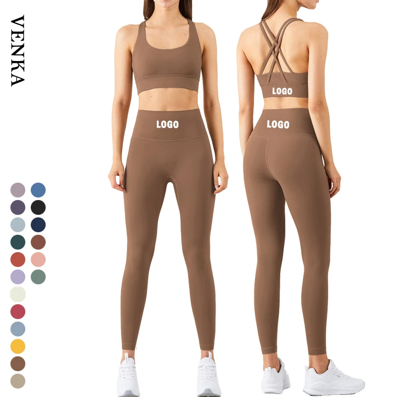 Fashion Fitness Sportswear Ladies Cross Back Push up Bra High Waist No T Line Leggings 2 Piece Set Women Yoga Set