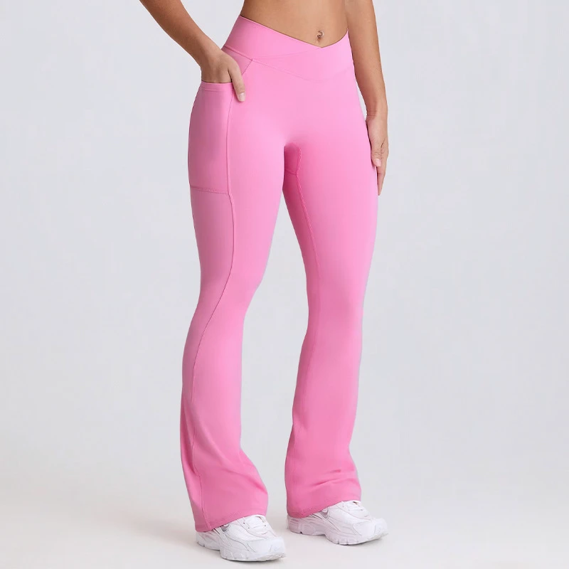 High Waist Yoga Flare Pants with Quick Dry Side Pockets Stretchy V Cut and Solid Printed Fitness Leggings for Workouts