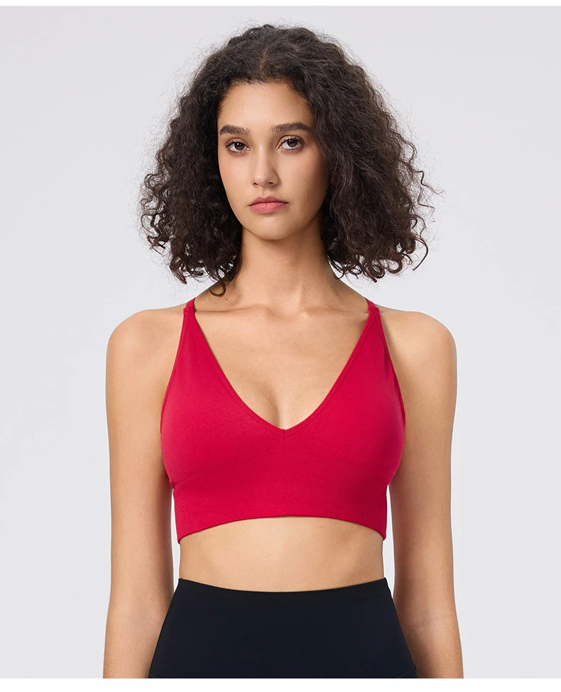 V Neck Breathable Light Support Sports Bras Women Padded Crisscross Back