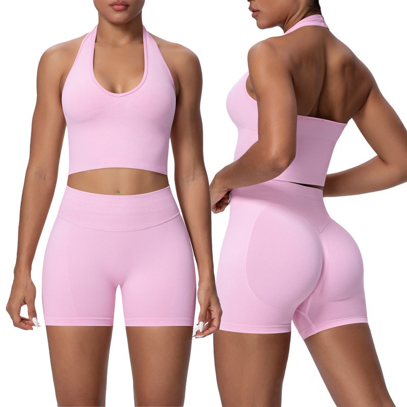 Custom Logo Women Seamless Fitness Suit Halter Open Back Yoga Set Scrunch Butt Sportswear Gym Clothes