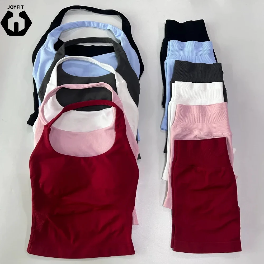 2 Pieces Sports Set Women Backless Halter Tops High Waist Seamless Hight Stretch Shorts Gym Suit Sportswear Workout Sets