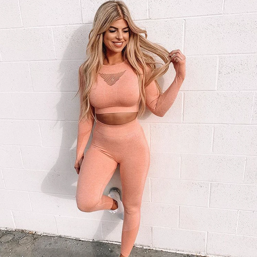 Seamless Breathable Plus Size Women's Yoga Sports Bra Set High Waist Long Sleeve Crop Top