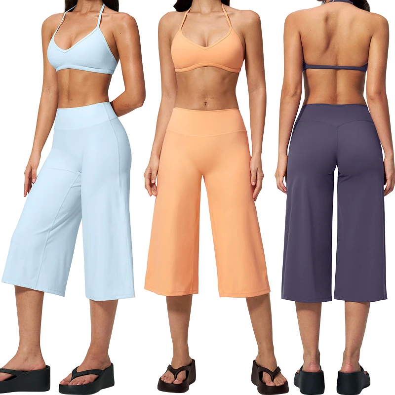TZ5555-2 Halter Thin Strap Open Back Yoga Bra With Removable Padding Quick Dry Cropped Wide Leg Yoga Capri Pants Sports Yoga Set