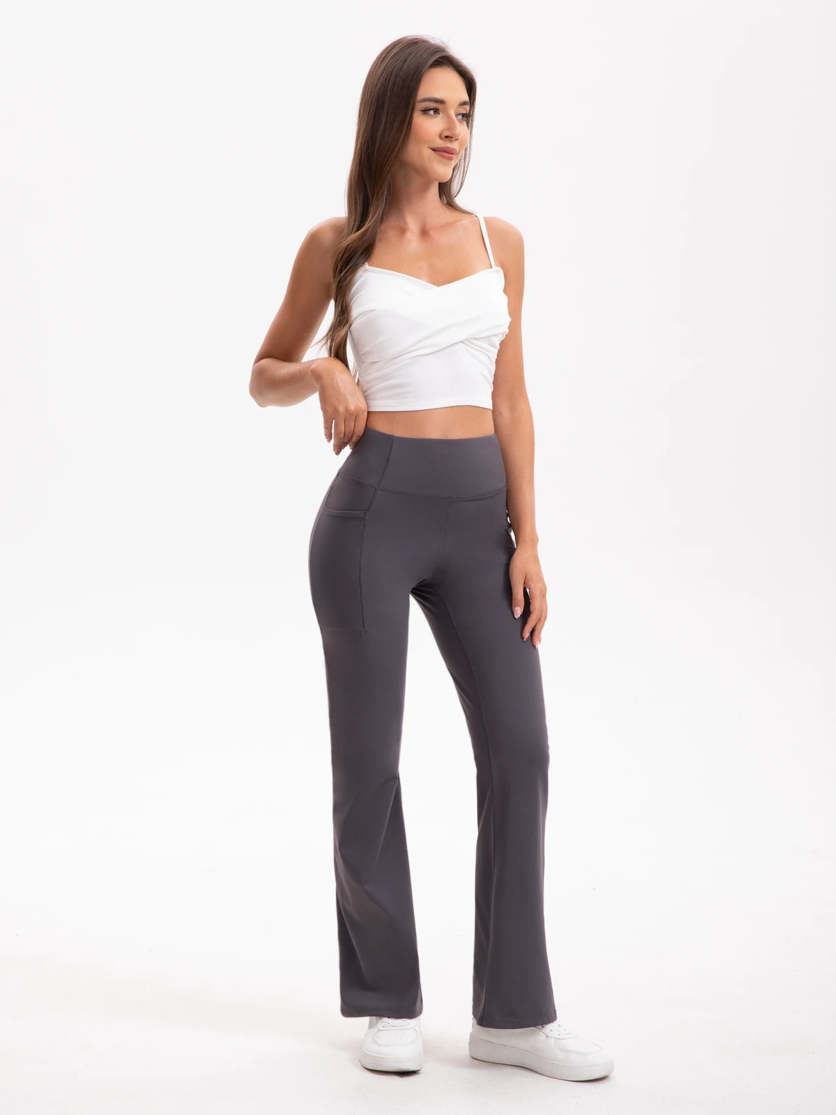 Solid Color High Waist Yoga Pants Large Side Pockets Hip Lifting Slimming Elastic Four-Way Stretch Eco-Friendly Full-Length