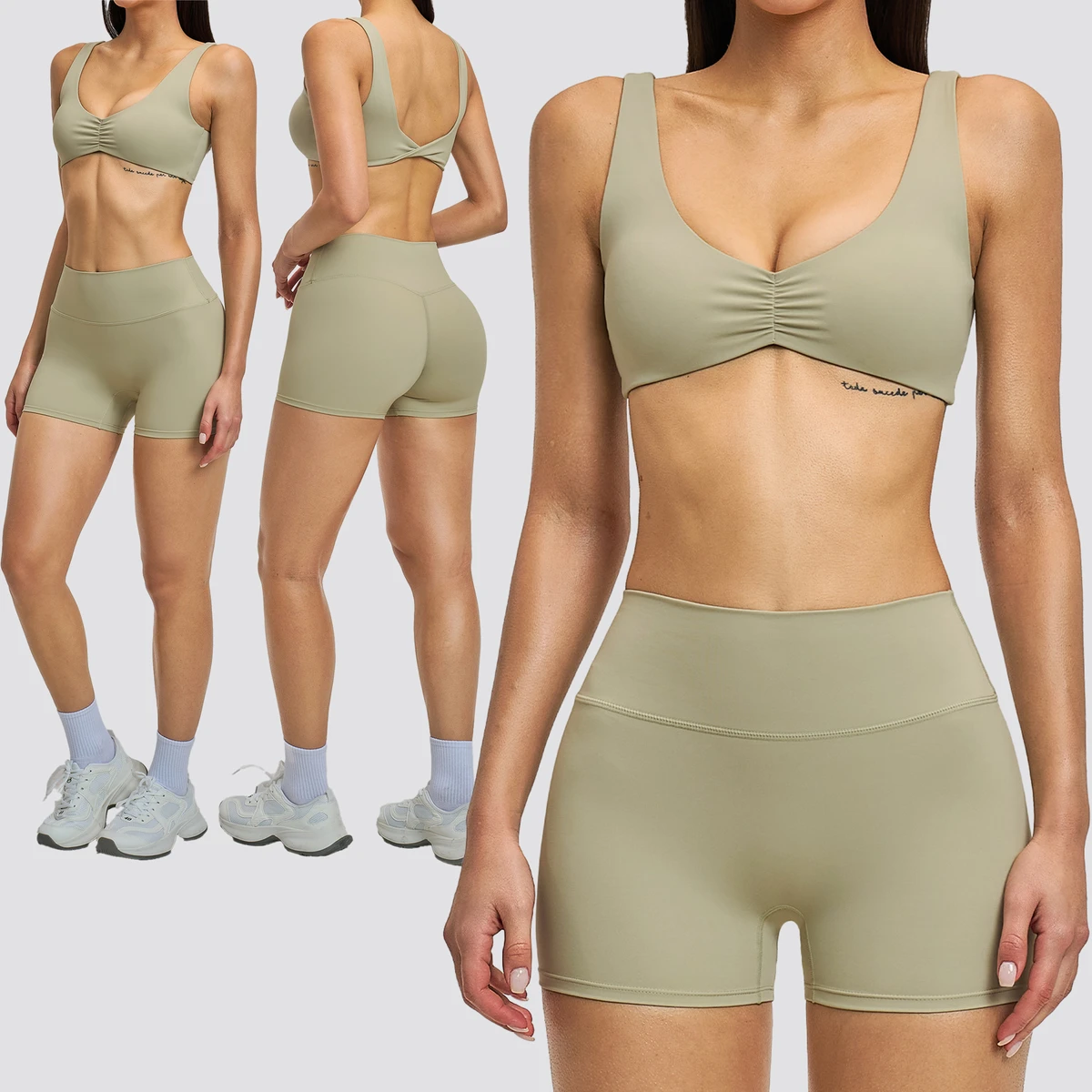 Yoga Set High Waist Tummy Control Biker Shorts Sports Bra 2 Pics Activewear Outfit for Gym Workout Running Fitness Training