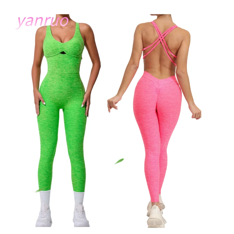 Women's One-Piece Seamless Yoga Dance Sports Bra Cross Adjustable Strap Breathable Abdomen Slimming Peach Hip Tight 1 Piece Set