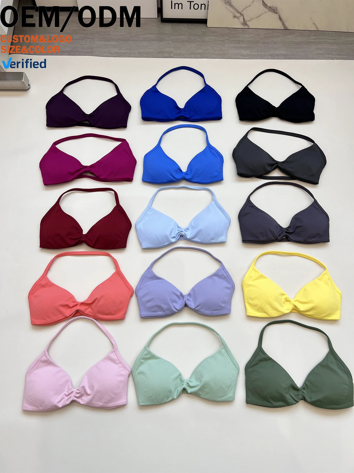 Women's Sexy Bikini Style Sports Bra Nylon Seamless Halter Neck Thin Strap Design Removable Pads Medium Support Solid Pattern