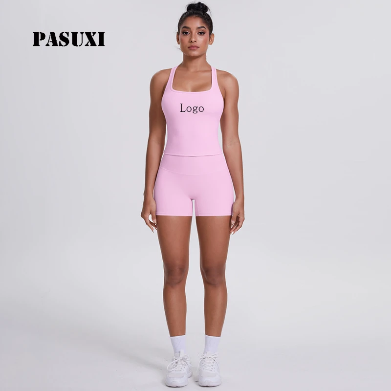 PASUXI Women's Yoga Set 2 Piece Quick Dry Workout Outfit Gym Fitness Clothes Custom Wholesale High Waist Shorts Crop Top