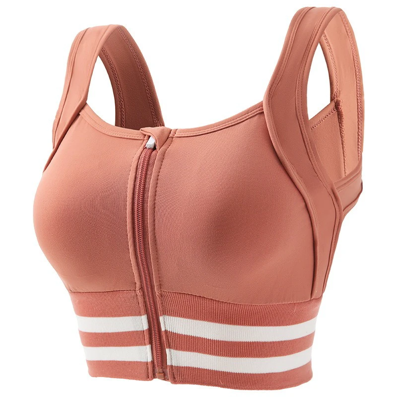 Womens High Impact Shockproof U-Neck Front Zipper Sports Wireless Bra with Widened Shoulder Strap
