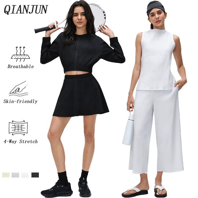 Wholesale Women's 4 Piece Short Jacket Tennis Skirt Set & Sleeveless Vest Wide-Leg Cropped Pants for Yoga Workout Wear