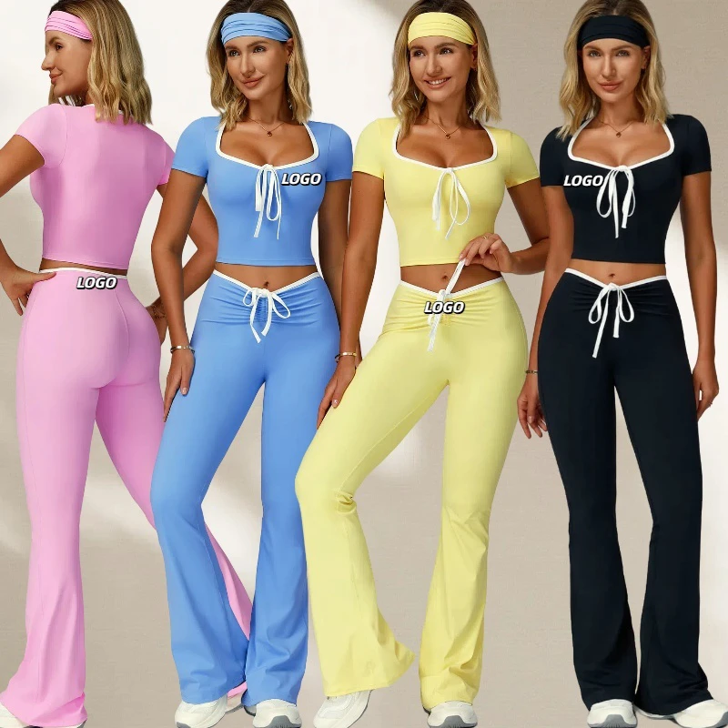 Women's Square Neck Short Sleeves Shirt High Waist Yoga Set Color-Block Headband Drawstring Hip Lift Flare Pants Outdoor Suit