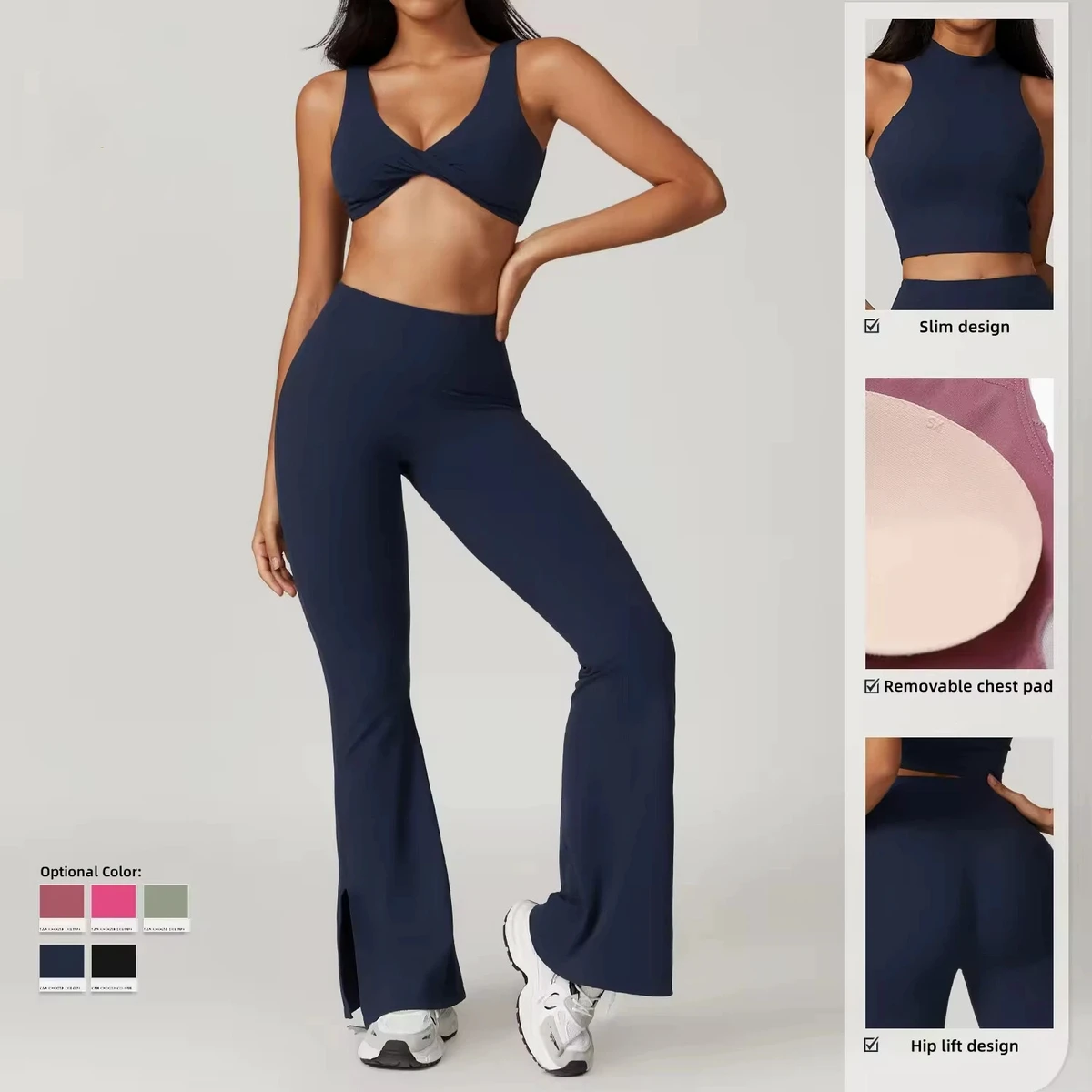 Dropshipping High Quality Tracksuit Set Nylon Spandex Sportswear New Solid Skirt,Bra,Vest,Flared Pants Yoga Workout Set
