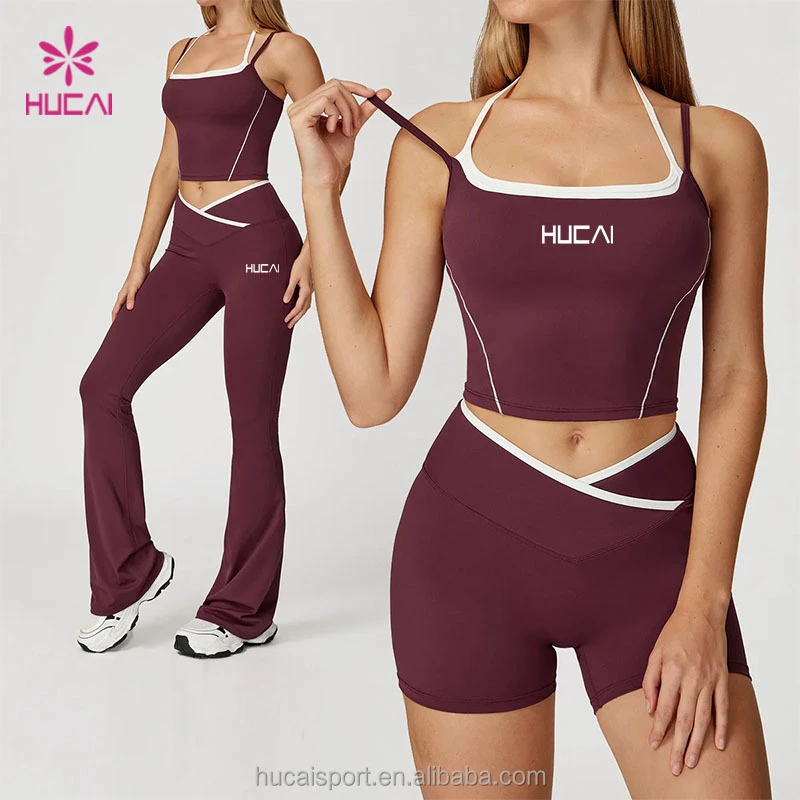 ODM HUCAI Custom Logo Sportswear 2 Pieces Workout Outfits Women Fitness Gym Tracksuit High Waist Sports Yoga Leggings Set