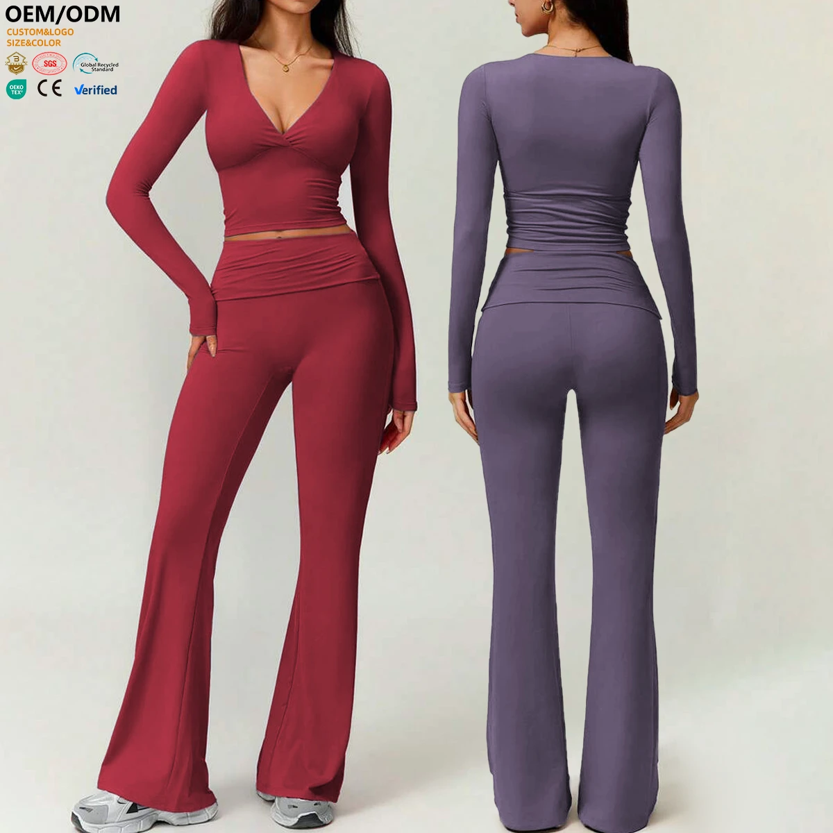 XW-YY181-1 Arrivals Waist Folding Flared Leggings Skin Friendly V Padded Top Gym Clothing Activewear 2 Piece Yoga Set for Women