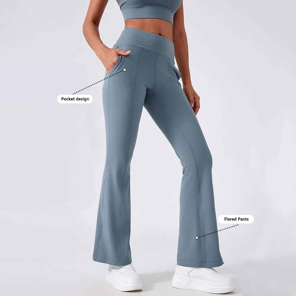 New Style Women's High Waist Tummy Control Full Length Yoga Flared Pants Soft Side Pockets Bell-Bottom Dance Flare Leggings