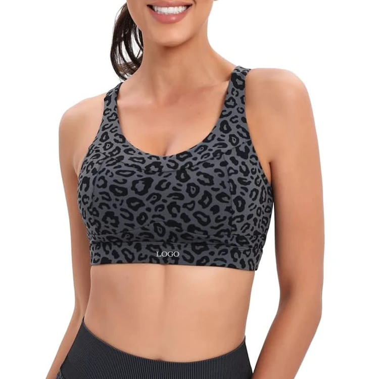 Custom Logo Women's Leopard Print Sports Bra Breathable Wirefree Double Layer Workout Yoga Bra with Cut Out Back for Gym Fitness