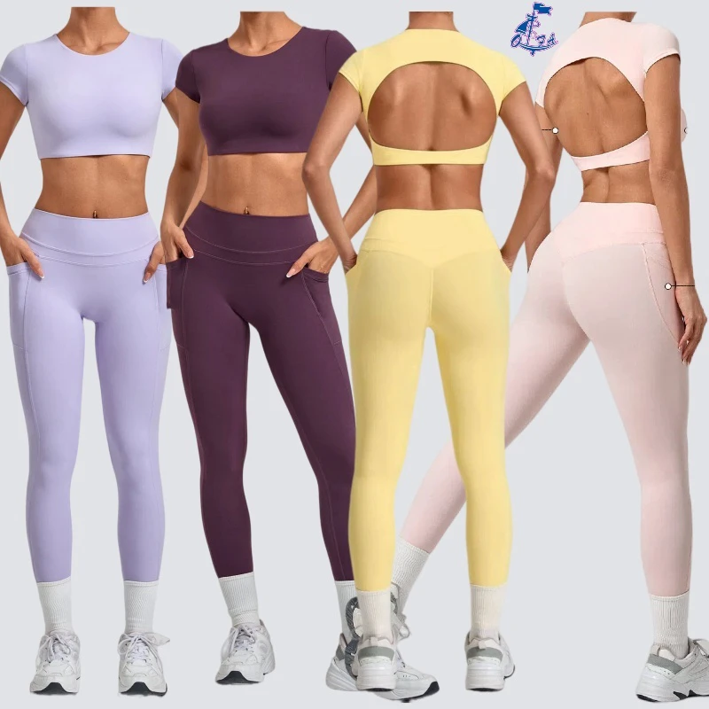 QIFA 2PCS Short-sleeved + Leggings with Pockets Yoga Suit Outdoor Running Fitness Sportswear