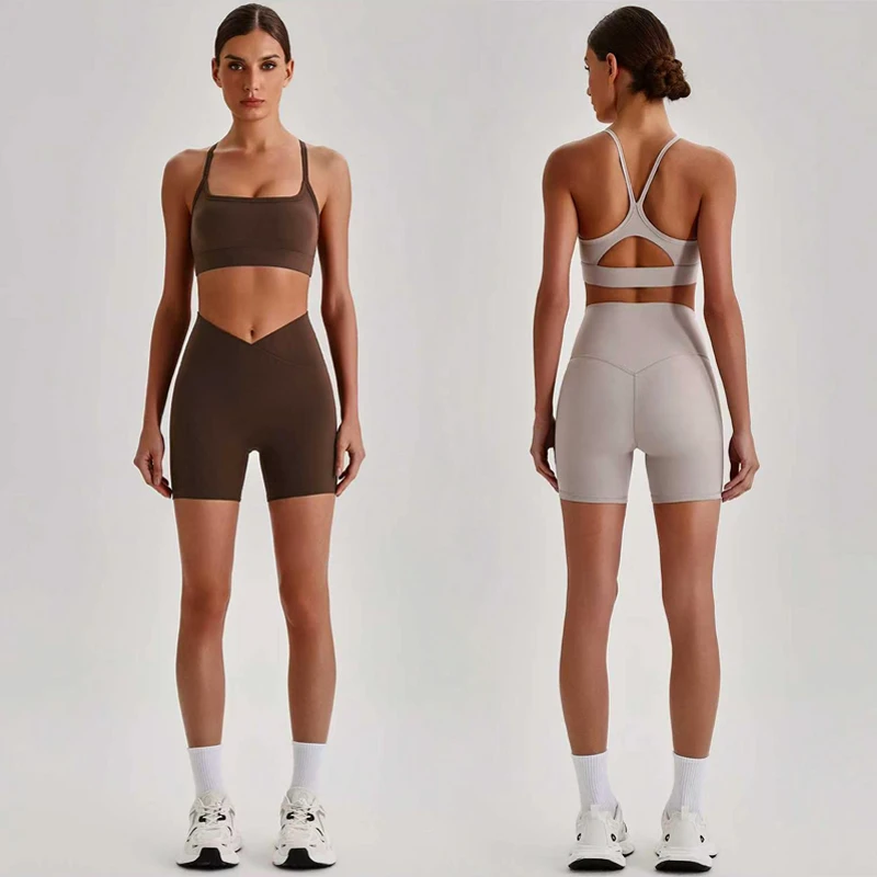 Women's 2 Piece Yoga Outfits Cross Waist High Waist Shorts Y Back Sports Bra Set Active Wear