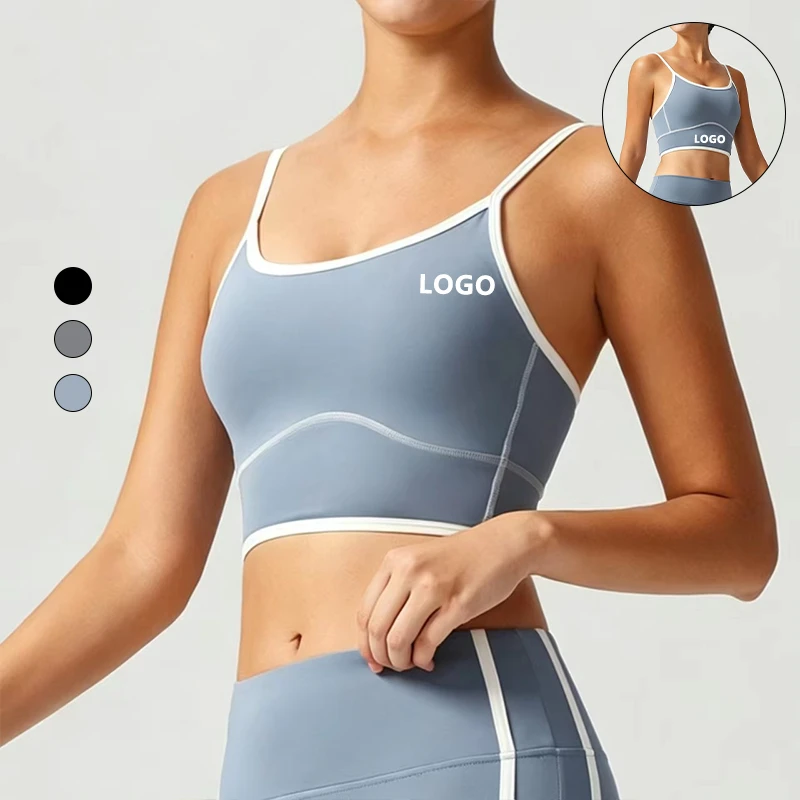 Sexy Contrast Piping Workout Bra Women Spaghetti Strap Yoga Crop Top Contoured Seams Fitness Wear Custom Colors Low MOQ