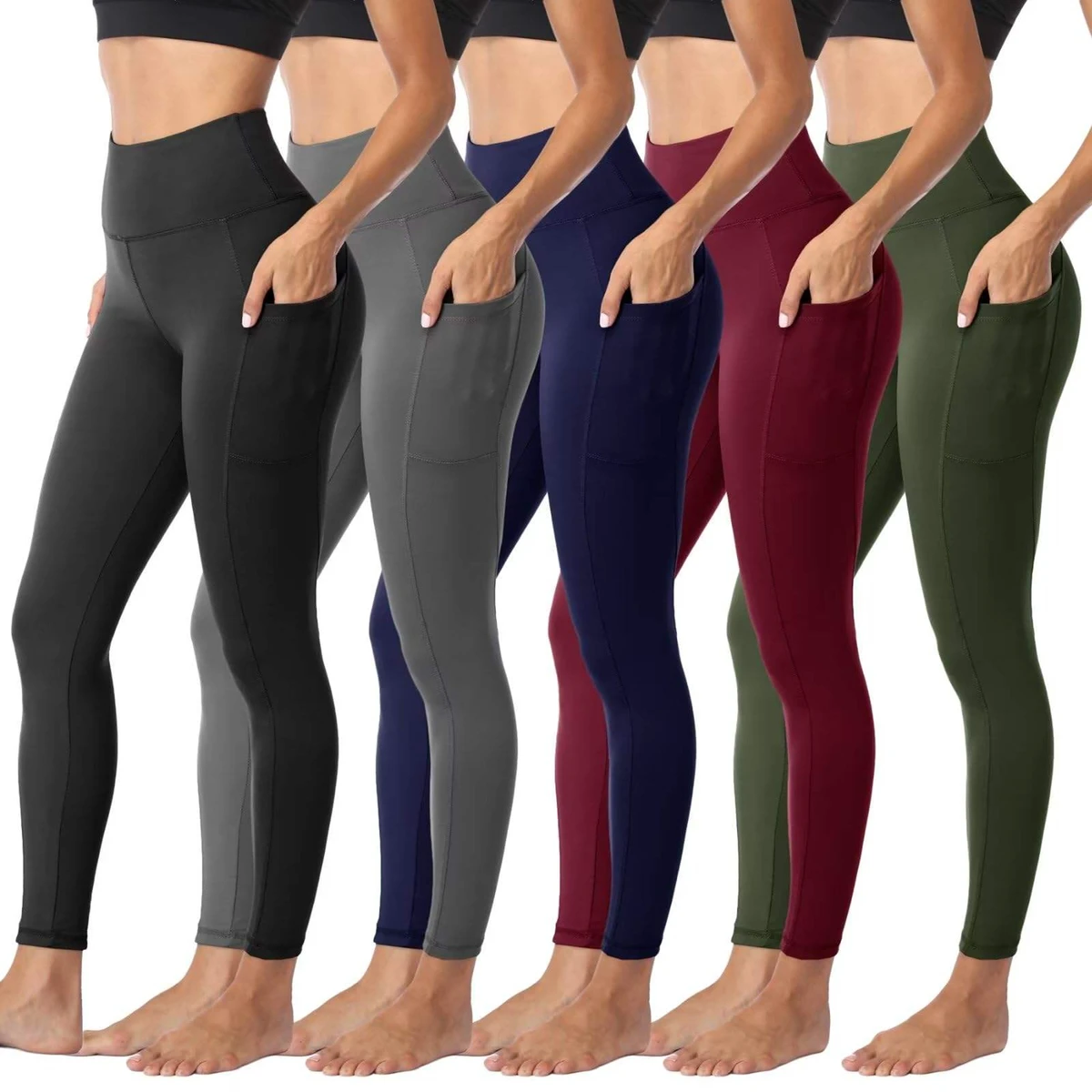 Women High Waisted Solid Ribbed Full Length Leggings Pockets Seamless Yoga Pants Fitness Workout Tights Stretchy Athletic Gym