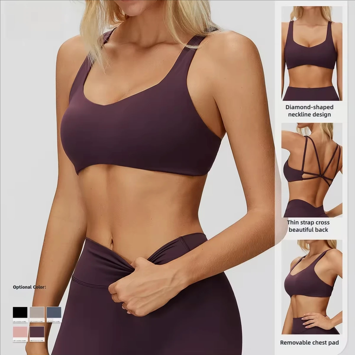 Custom Logo Womens Yoga Sports Bra V Neck Halter Strap Lightweight Breathable Simple High Support Front Logo for Athletic Wear