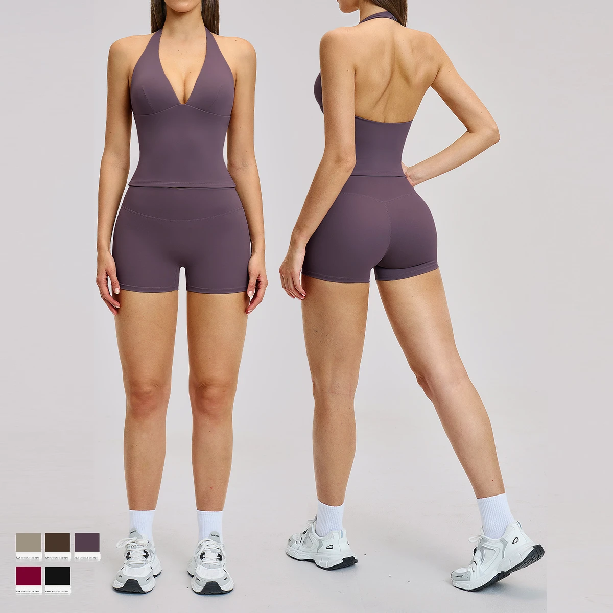 Women's 2-piece Workout Yoga Set Deep V Neck Halter Strap Crop Top High Waist Elastic Yoga Shorts Yoga 2-Piece Outfit