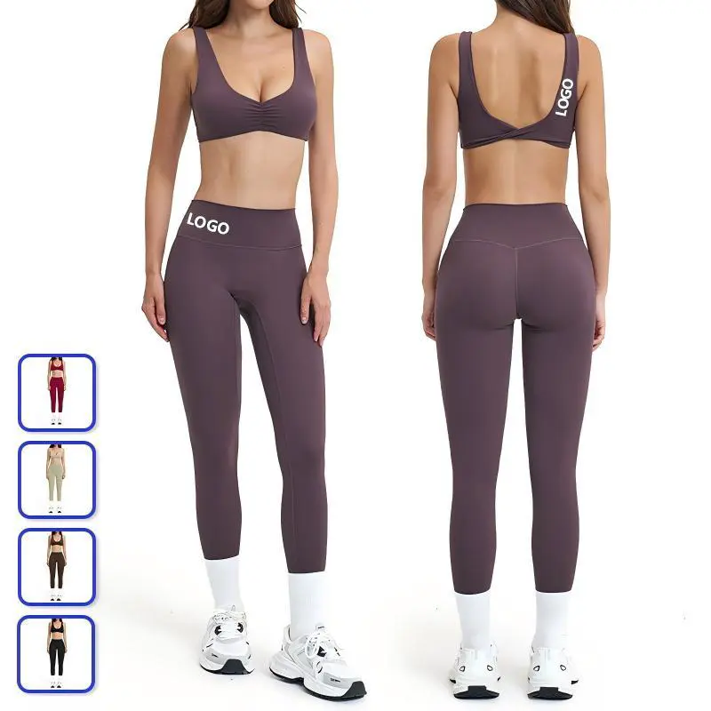 New Women's Solid Yoga Set Nylon Sweat-Wicking Breathable Four-Way Stretch Quick Dry V Neck Sexy Halter Bra Legging Set