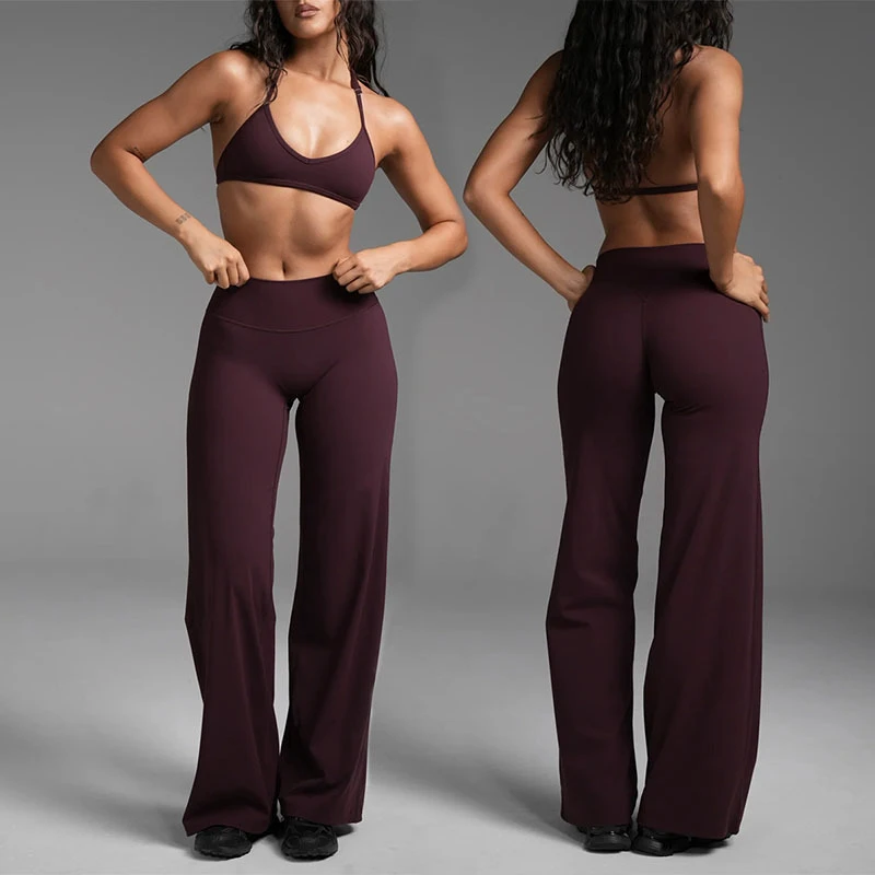Wholesale 2 Pcs Deep V Halter Neck Activewear Fitness & Yoga Swear High Waist Flared Pants Quick Dry Set