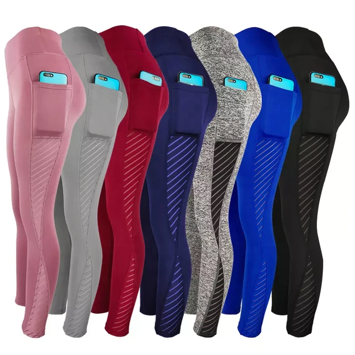 High Waist Yoga Pants Pockets Tummy Control Spandex/Nylon Mid Waist Workout Leggings 4-Way Stretch Seamless Solid Leggings