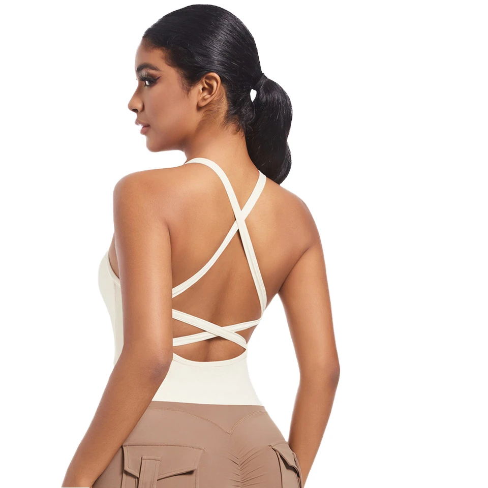 Women's New Double-Sided Nylon Cross-Back Sports Bra Lightweight Running Fitness Yoga Vest Top Solid Color