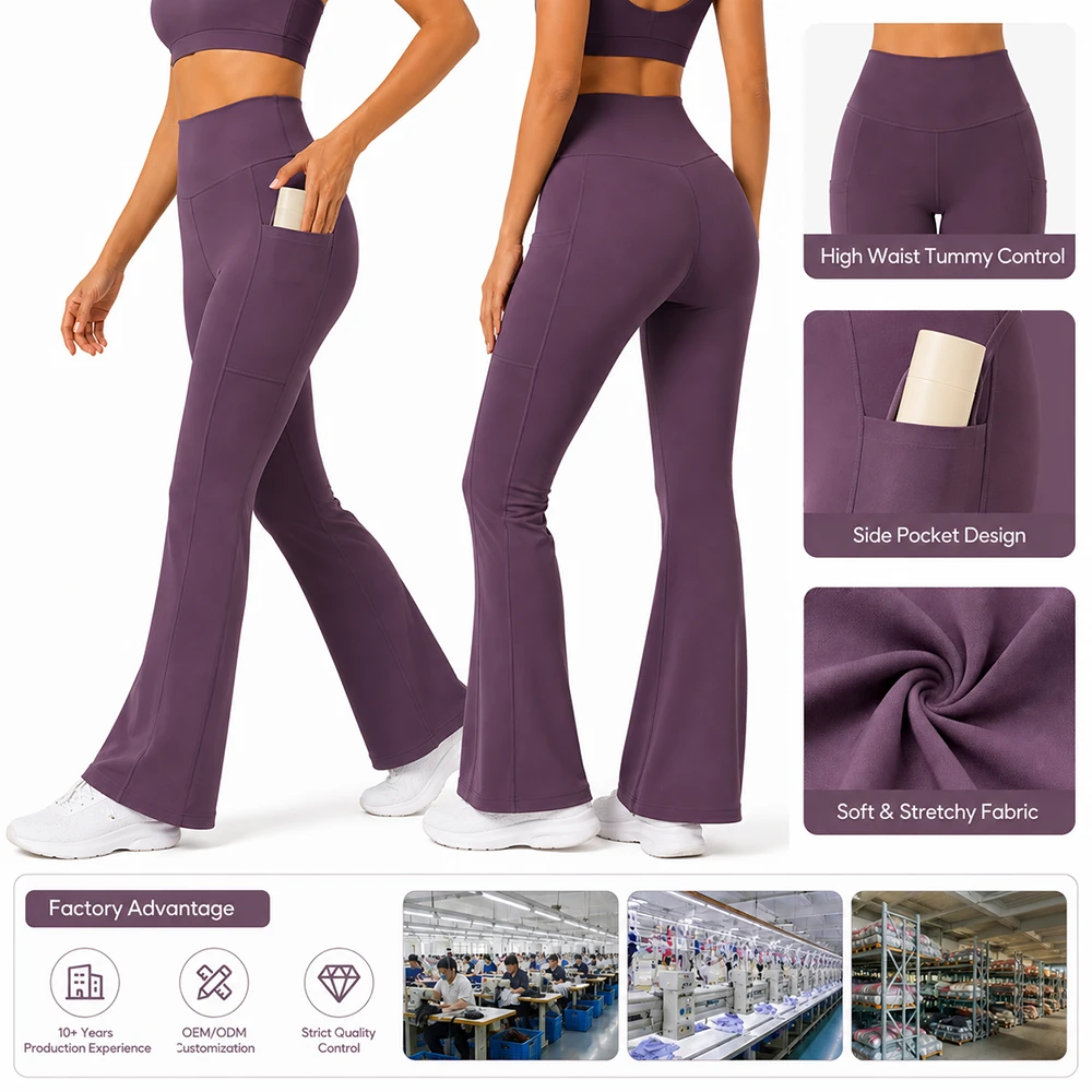 High Waist Tummy Control Flare Yoga Pants Women's Leggings Pockets Full Length Eco-Friendly Four-Way Stretch Gym Fitness Clothes