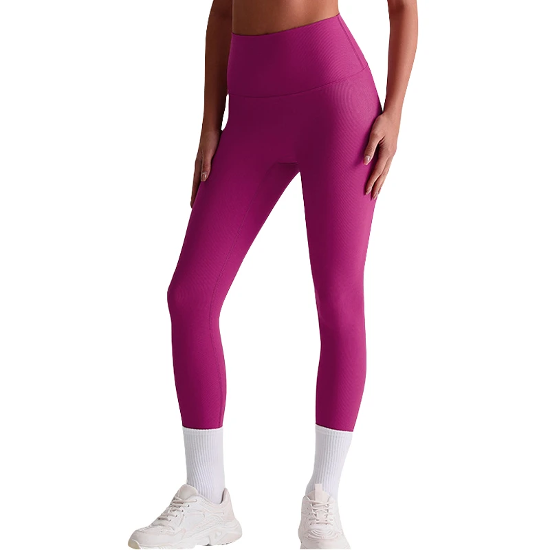 Women's High Waist Elastic Four-Way Stretch Spandex/Nylon Non-Front Seamless Solid Ribbed Running Leggings 1 Piece for Gym