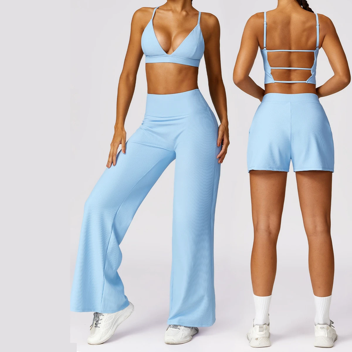 Women Ribbed Fitness Workout Set Deep V Neck Sexy Top and High Waist Wide Leg Pants Set Gym Yoga Tracksuit With Pocket
