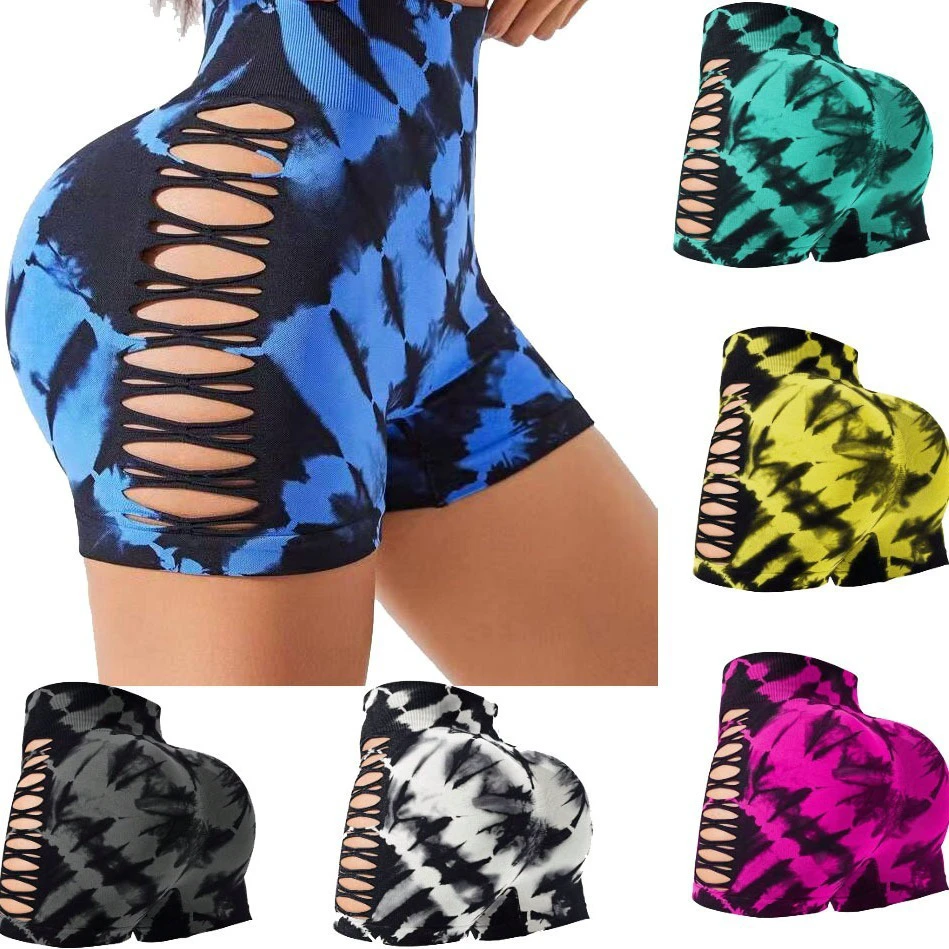 Women's Solid Seamless High Waist Yoga Pants with Hollow Out Design Hip-lifting Tight Outdoor Sexy Sports Shorts