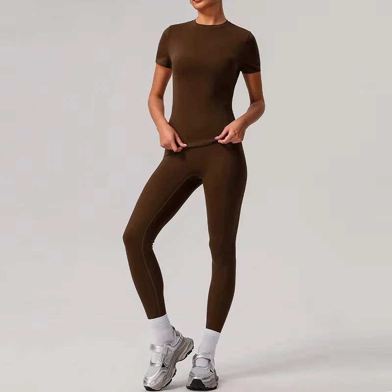 High Quality 2-Piece Sports Yoga Set-Nude Short Sleeve T-Shirt Elastic Waist Hip-Lifting Gym Jogger Leggings Plus Size